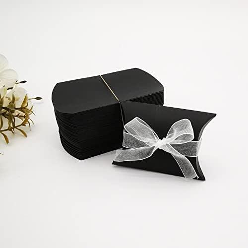 QUUPY 50PCS Black Kraft Paper Pillow Boxes with Ribbons