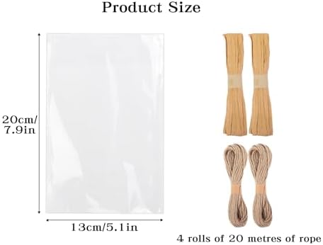 Klmnop 200Pcs Clear Soap Bags with Hemp and Paper Rope Packaging Set