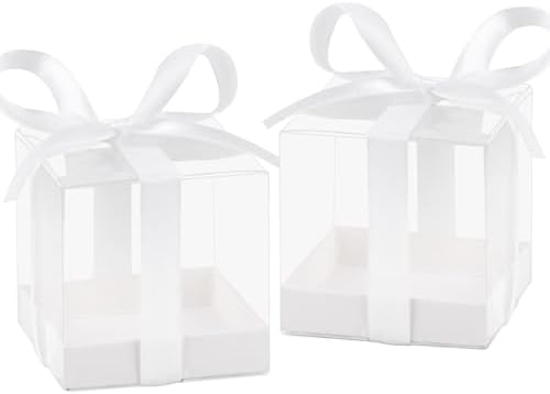 Hxezoc 50 Pack Clear Candy Gift Boxes with White Ribbons