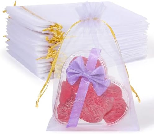100PCS White Organza Gift Bags with Gold Drawstring