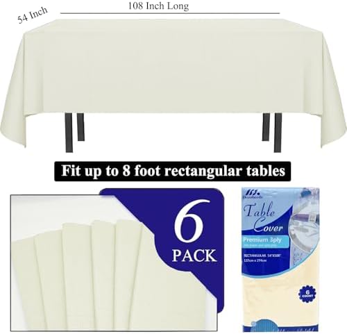 6 Pack Cream White Paper Tablecloth for Rectangle Tables 54x108 Inch