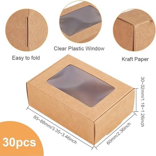 BENECREAT 30 Pack Rectangle Brown Kraft Gift Boxes with Clear Window