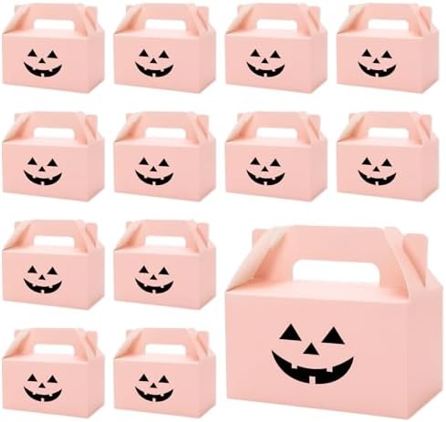 JarThenaAMCS 50Pcs Pink Halloween Treat Boxes with Handle