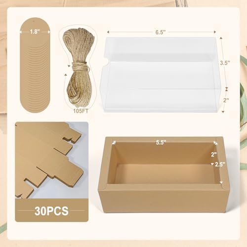 30 Sets Kraft Gift Boxes with Clear Window and Jute String