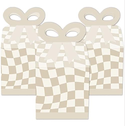 Big Dot of Happiness Tan Checkered Bow Gift Boxes Set of 12