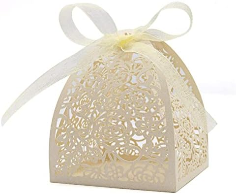 50 Pack Laser Cut Rose Wedding Candy Boxes with Ribbon
