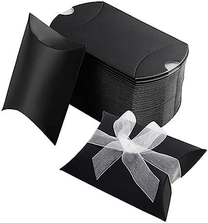 QUUPY 50PCS Black Kraft Paper Pillow Boxes with Ribbons