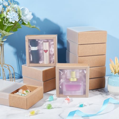 BENECREAT 16 Pack Square Brown Gift Boxes with PVC Windows