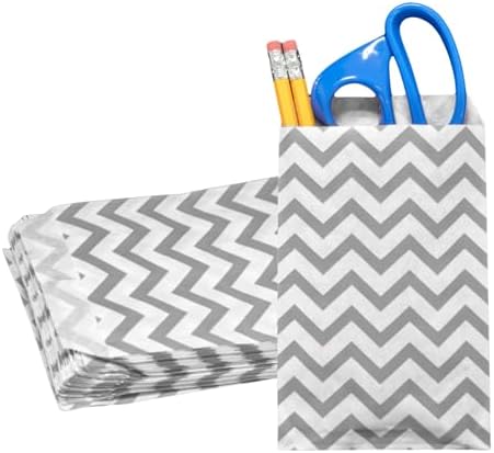 Novel Box 100 Pack Silver Chevron Print Flat Gift Bags 6x9 Inches