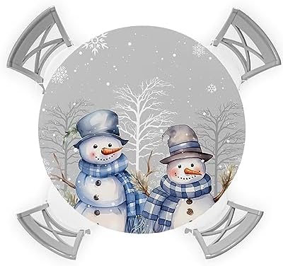 Forest Snowman Round Waterproof Table Cover Fitted Tablecloth
