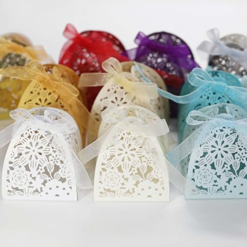 50PCS Flower-Shaped Candy Boxes with Ribbons