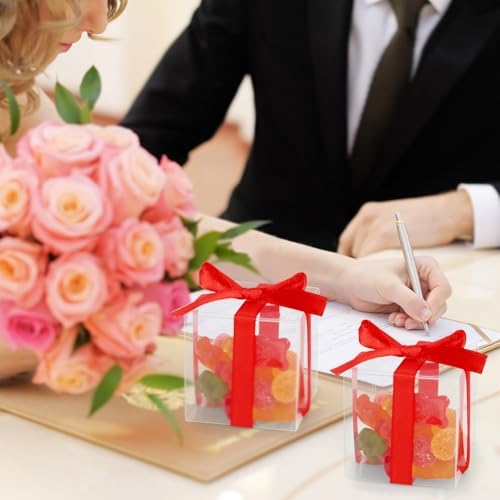 Adecortalk 50 Pcs Clear Gift Boxes With Red Ribbon