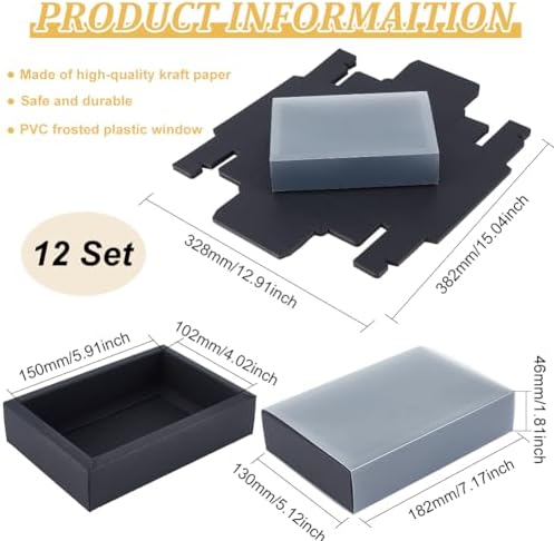 BENECREAT 12 Pack Black Kraft Gift Boxes with Frosted Plastic Lid