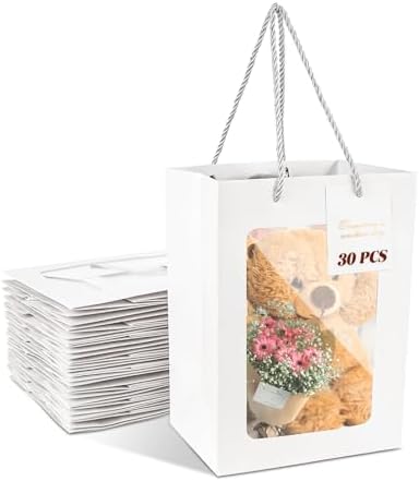 30 PCS White Gift Bags with Clear Window and Handles
