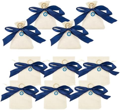 NBEADS 10 Pcs Linenette Gift Bags with Blue Bow and Evil Eye Pendants
