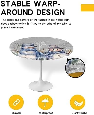 Forest Snowman Round Waterproof Table Cover Fitted Tablecloth