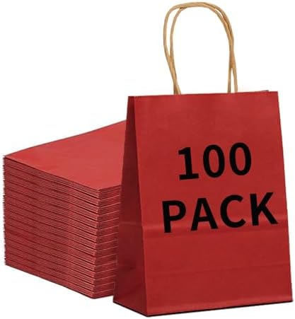 BAG BOX 100 Pack Medium Red Kraft Paper Gift Bags with Handles