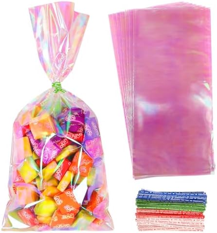 JOINDO 100PCS Iridescent Treat Bags with Twist Ties