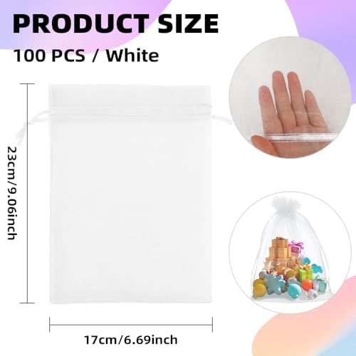 100 Pcs White Organza Gift Bags 6x9 Inch Drawstring Mesh Bags