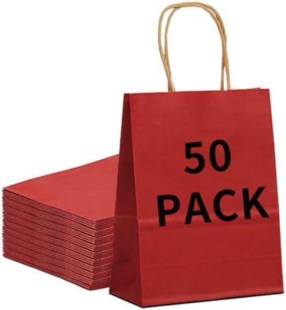 BAG BOX 50 Pack Medium Red Kraft Gift Bags with Handles