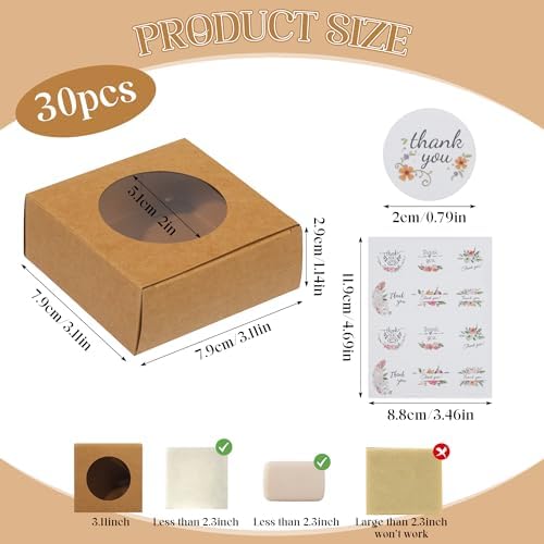 Liobelon 30 Pack Kraft Paper Soap Boxes with Clear Windows