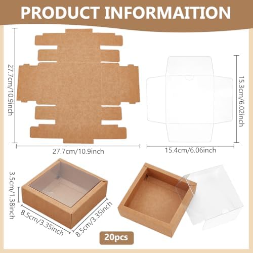 BENECREAT 20Pcs Brown Square Paper Boxes with Clear Window