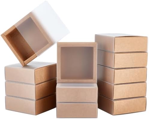 BENECREAT 16 Pack Square Brown Gift Boxes with PVC Windows