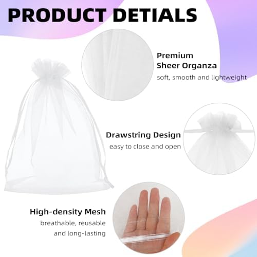 100 Pcs White Organza Gift Bags 6x9 Inch Drawstring Mesh Bags