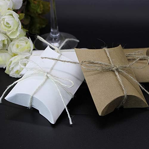 White Kraft Paper Pillow Candy Boxes with Jute Twines 100 Pcs