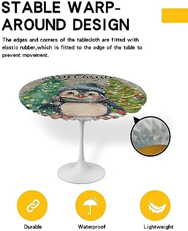 Christmas Penguin Round Waterproof Table Cover Fitted Tablecloth