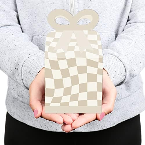 Big Dot of Happiness Tan Checkered Bow Gift Boxes Set of 12