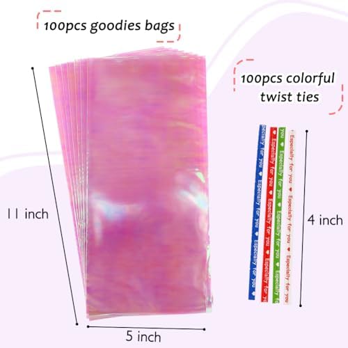 JOINDO 100PCS Iridescent Treat Bags with Twist Ties