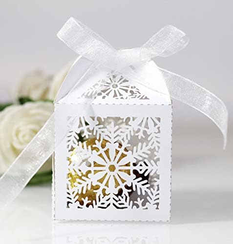 50 Pack Laser Cut Snowflake Wedding Candy Boxes with Ribbon Party Favor