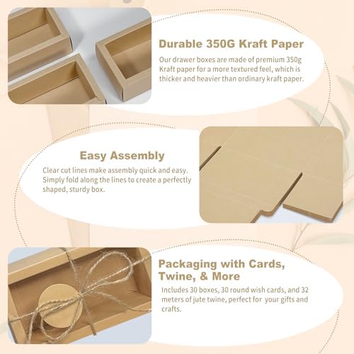 30 Sets Kraft Gift Boxes with Clear Window and Jute String