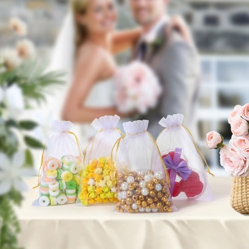 100PCS White Organza Gift Bags with Gold Drawstring