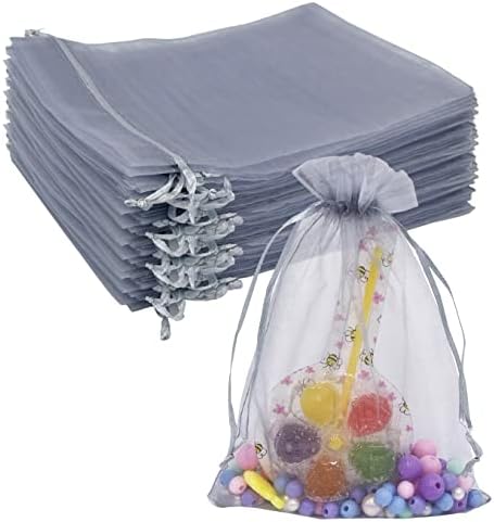 100PCS Silver Gray Organza Drawstring Gift Bags for Wedding and Baby Shower