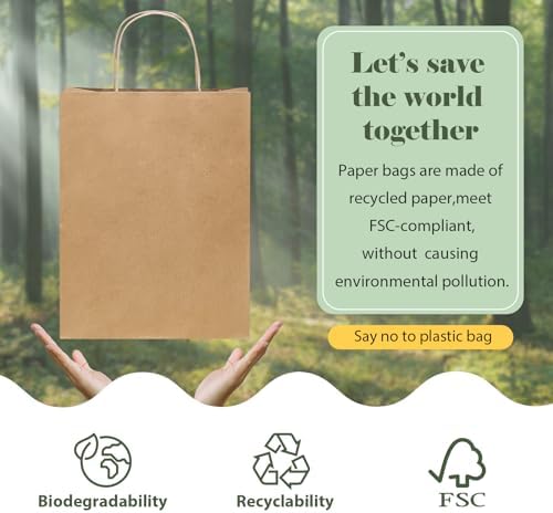 GSSUSA 10x5x13 Brown Paper Bags with Handles 100Pcs