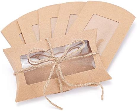 BENECREAT 30pcs Brown Kraft Paper Pillow Boxes with Clear Window