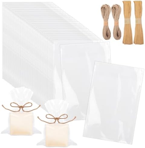 Klmnop 200Pcs Clear Soap Bags with Hemp and Paper Rope Packaging Set