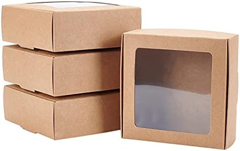 BENECREAT 20 Pack Square Brown Kraft Gift Boxes with Clear Windows