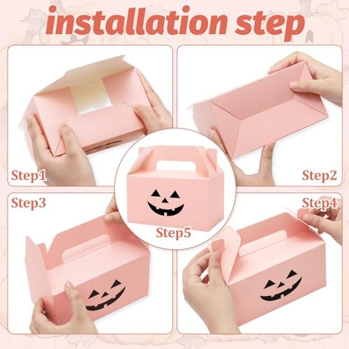 JarThenaAMCS 50Pcs Pink Halloween Treat Boxes with Handle