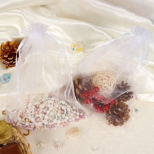 100 Pcs White Organza Gift Bags 6x9 Inch Drawstring Mesh Bags