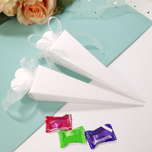 50 Piece White Cone Shaped Cookie Boxes with Ribbons