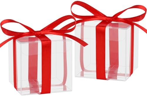 Adecortalk 50 Pcs Clear Gift Boxes With Red Ribbon