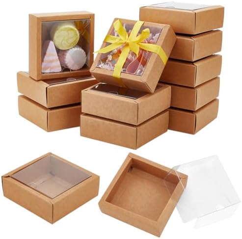 BENECREAT 20Pcs Brown Square Paper Boxes with Clear Window
