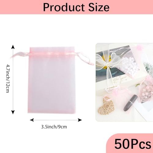Pink Organza Gift Bags 35x47 Inch 50Pcs Sheer Mesh Drawstring Pouches