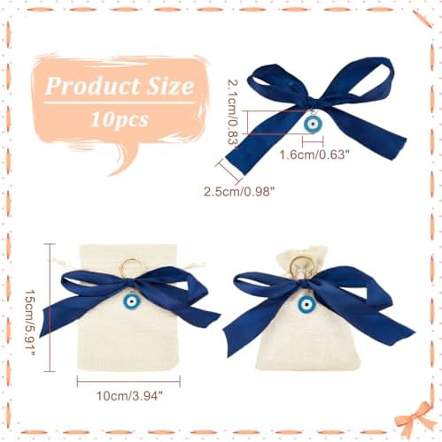 NBEADS 10 Pcs Linenette Gift Bags with Blue Bow and Evil Eye Pendants