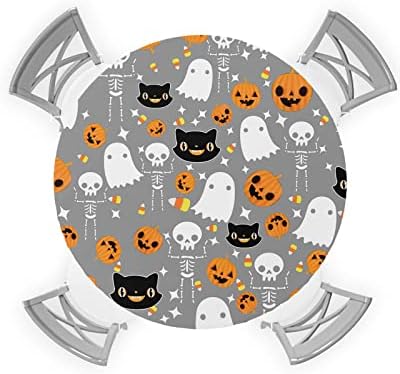 Halloween Grey Round Waterproof Table Cover Fitted Tablecloth