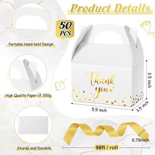 Engrowtic 50 Pcs Gold Foil Thank You Gift Boxes with Handles