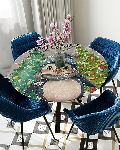Christmas Penguin Round Waterproof Table Cover Fitted Tablecloth